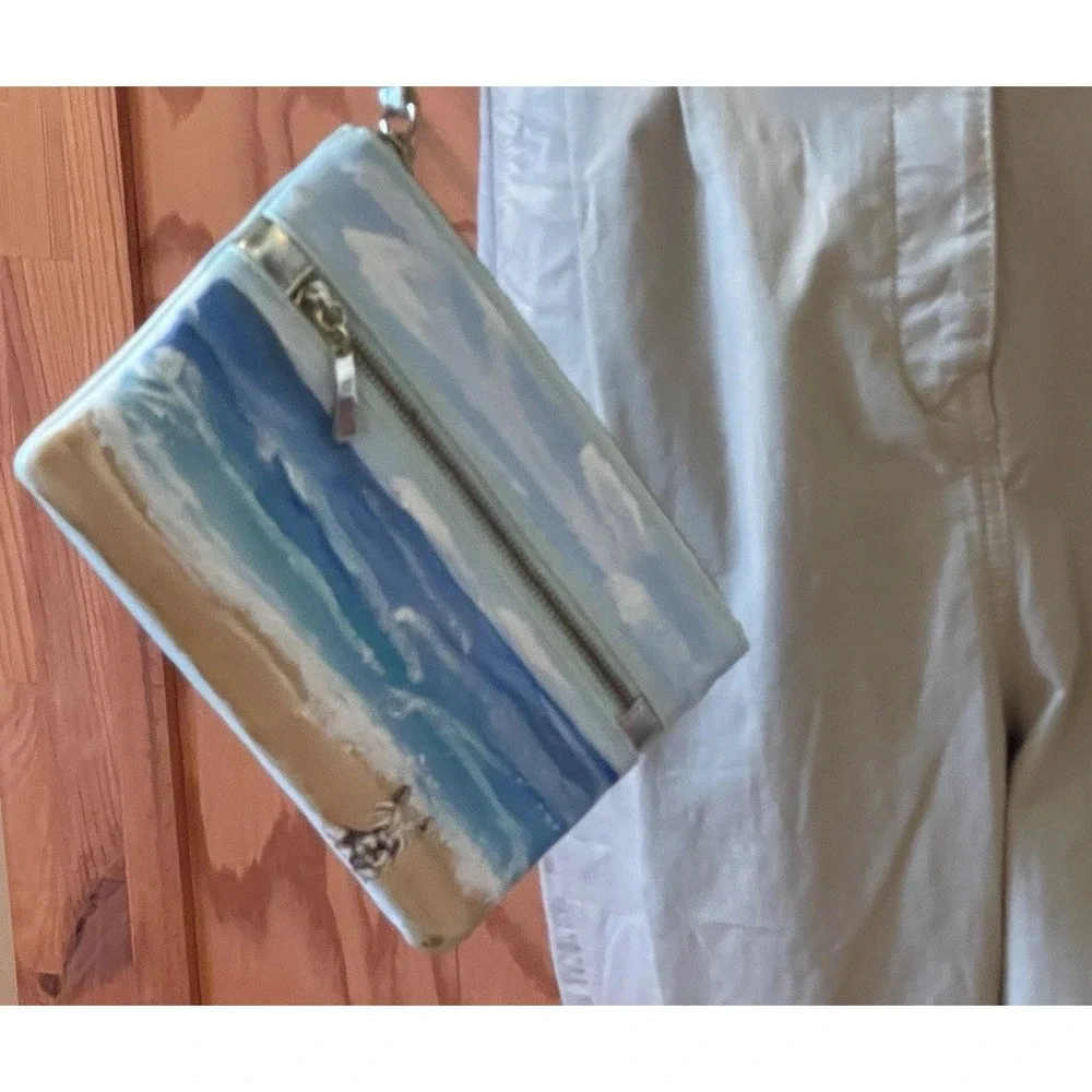 White House Black Market Hand Painted Yorkie Beach Scene Wristlet Wallet - Picture 1 of 7